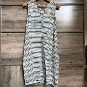 GAP L Black Cream Striped Dress Pockets Linen Preppy Artsy Boho Boardwalk Hippie